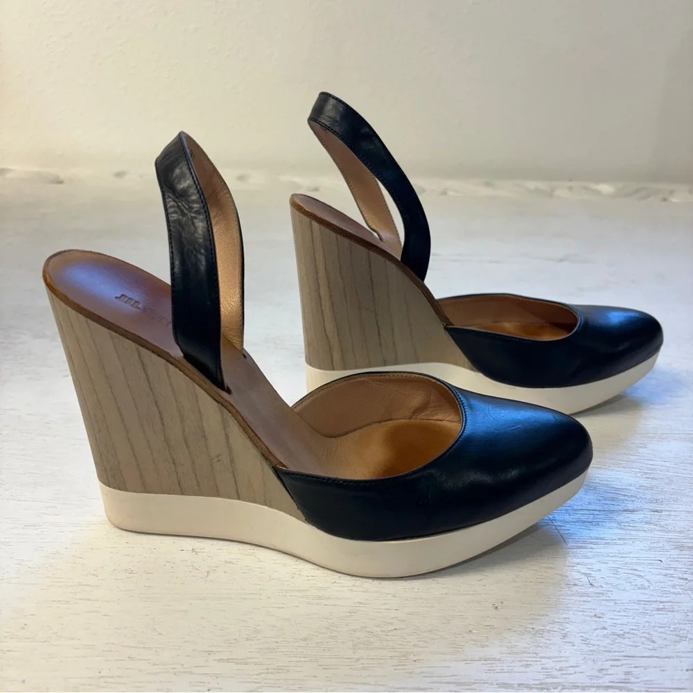 Jil Sander Black Leather Wooden Wedge Slingback Heels | Size EU 37 / US 6.5 - 7